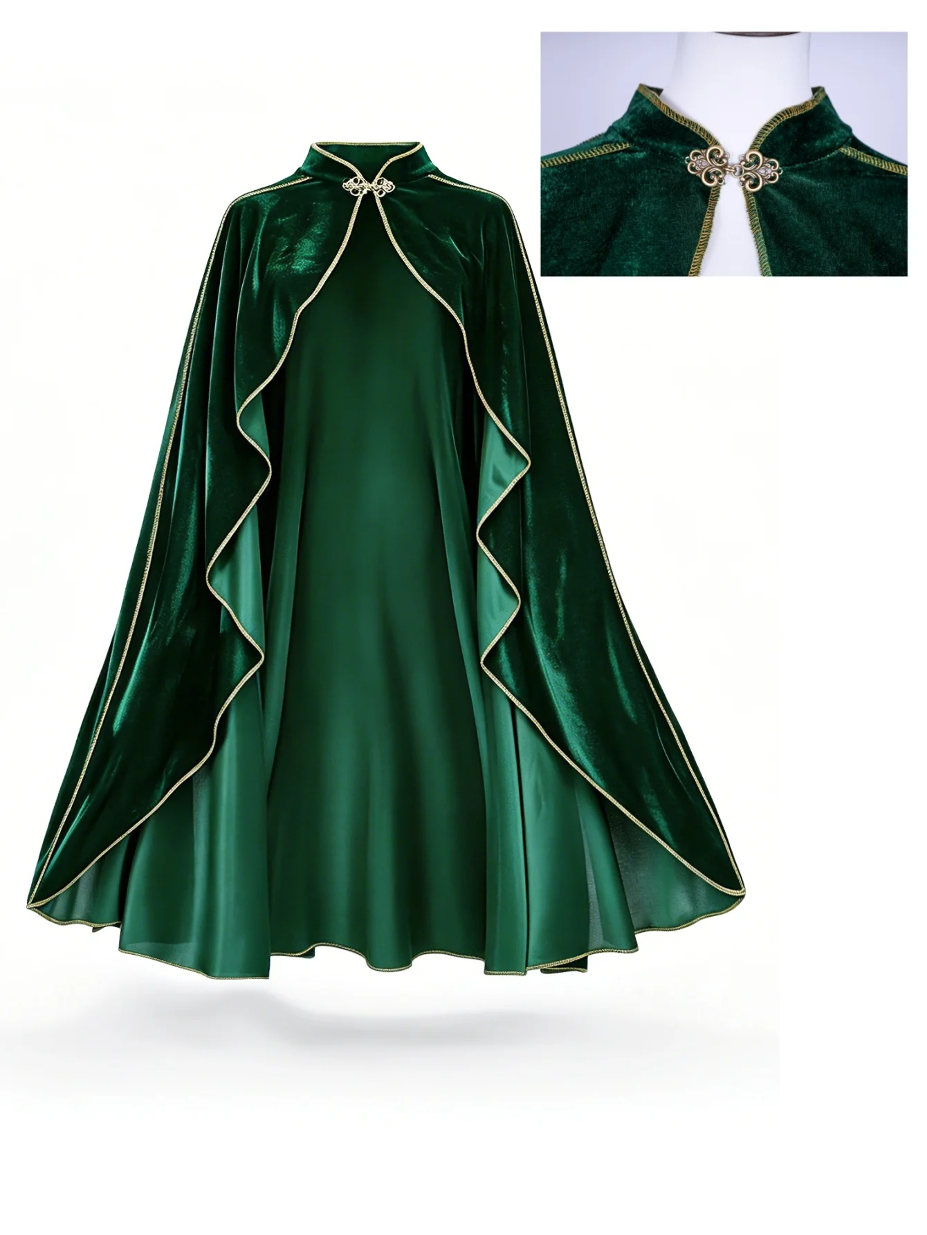Women Vintage Green Velvet Cape Cloak Gold Trim Stand Collar Cosplay Costume Long Cape For Halloween Party Medieval Renaissance Dress Up view 3