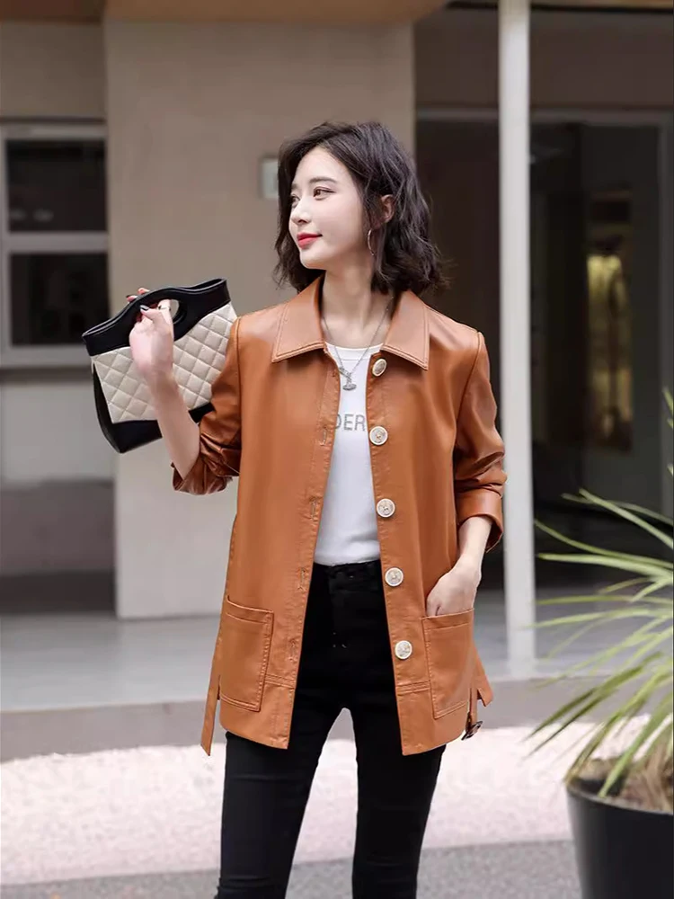 Chaqueta de cuero adelgazante con cuello vuelto para mujer, abrigo de cuero con una botonadura para ir al trabajo, primavera y otoño