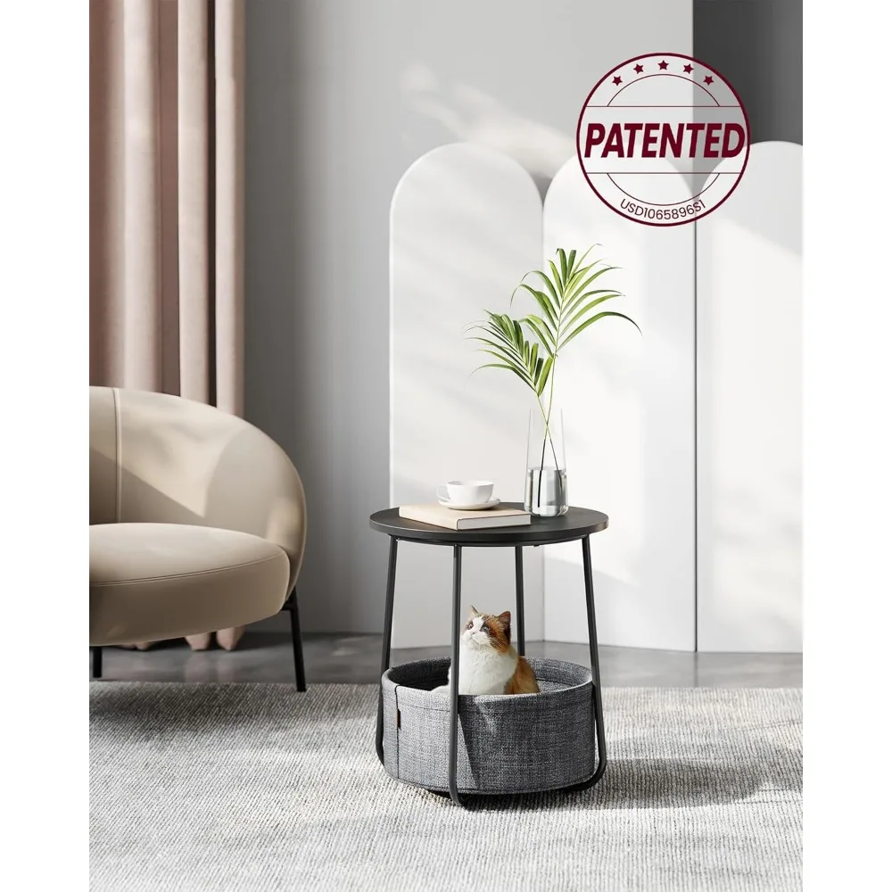 ファブリックバスケット付きのモダンな丸型サイドテーブル、寝室やリビングルーム用の小さなナイトスタンド、簡単な組み立て