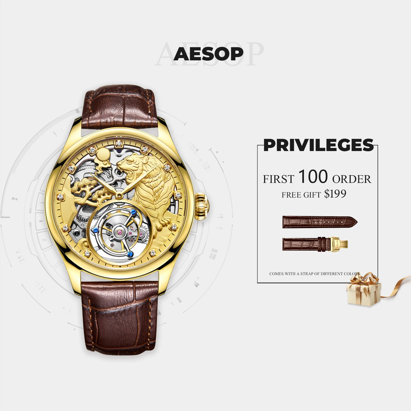 AESOP Men Watch Tourbillon Mechanical Watch Twelve Zodiac Tiger Double Sided Gemstone Glass Precision Steel Waterproof Fashion