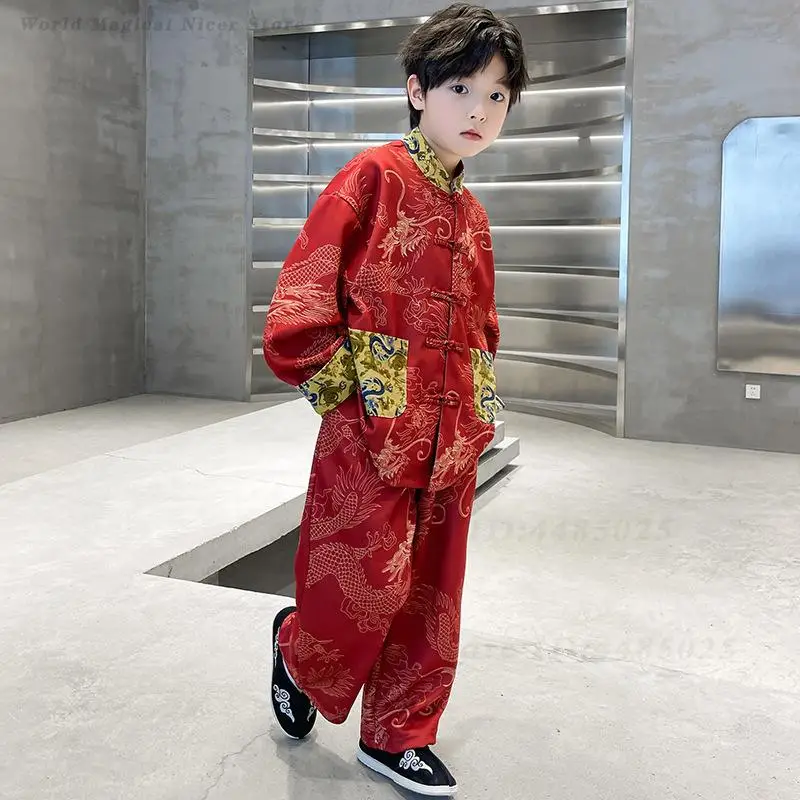 Red Dragon Pattern Printed Tang Suit Kids Boys Chinese Traditional Costume Spring and Autumn Long Sleeved Shirt Pants Hanfu Set