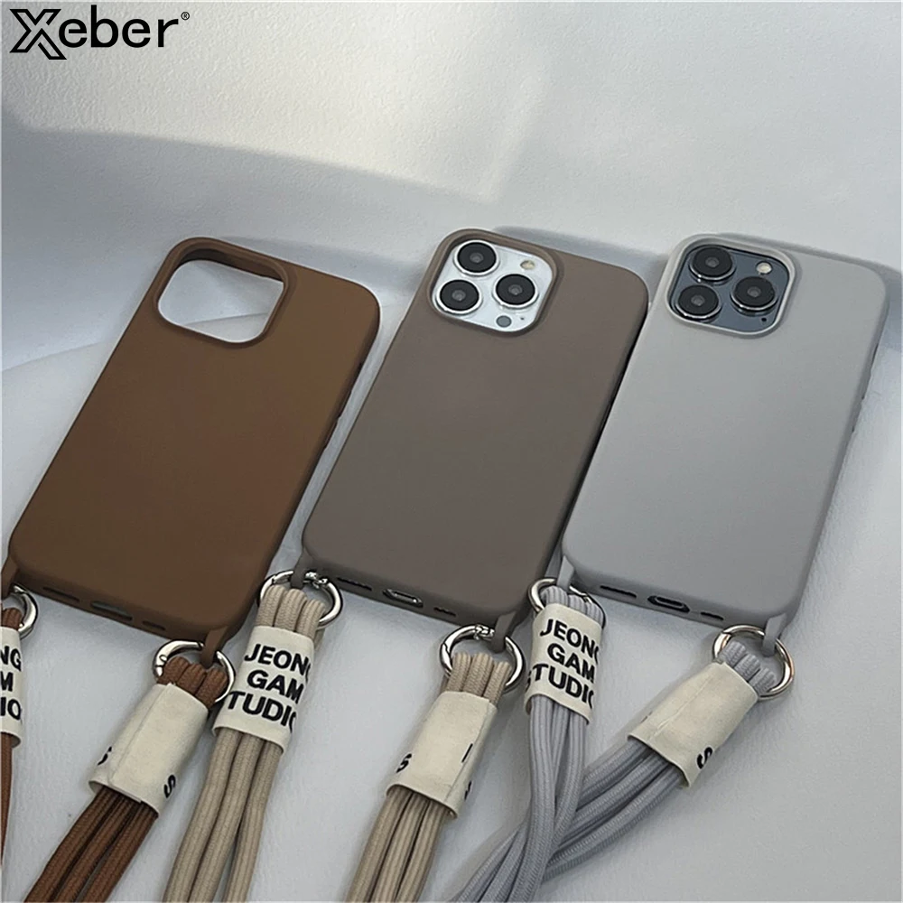 Fashion Crossbody Lanyards Necklace Liquid Silicone Case For iPhone 16 15 14 13 11 12 Pro Max Mini XS XR X 8 7 Plus Matte Cover