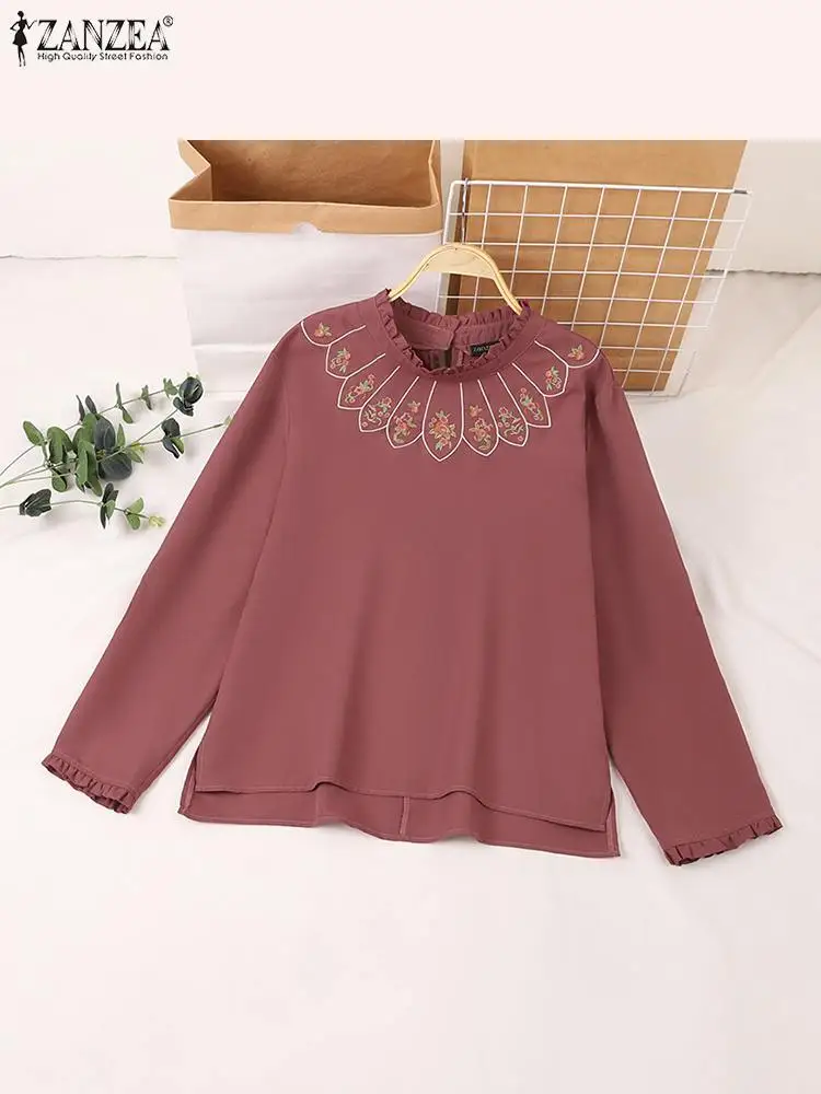 ZANZEA Long Sleeve Women Shirt Tops Ruffled Stand Collar Fashion Embroidered Autumn Blouses Elegant Casual Loose Blusas Mujer