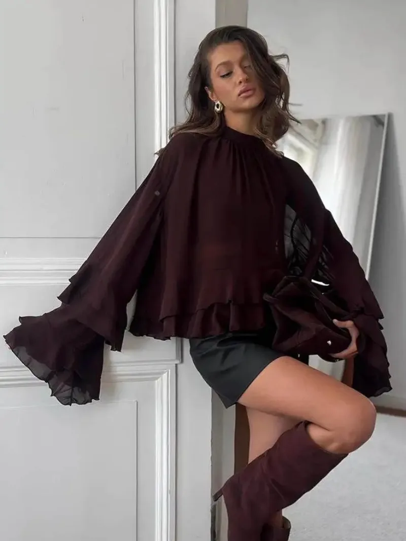 

Brown chiffon small stand up collar ruffled flared sleeve shirt 2025 European and American spring/summer fashion top for women
