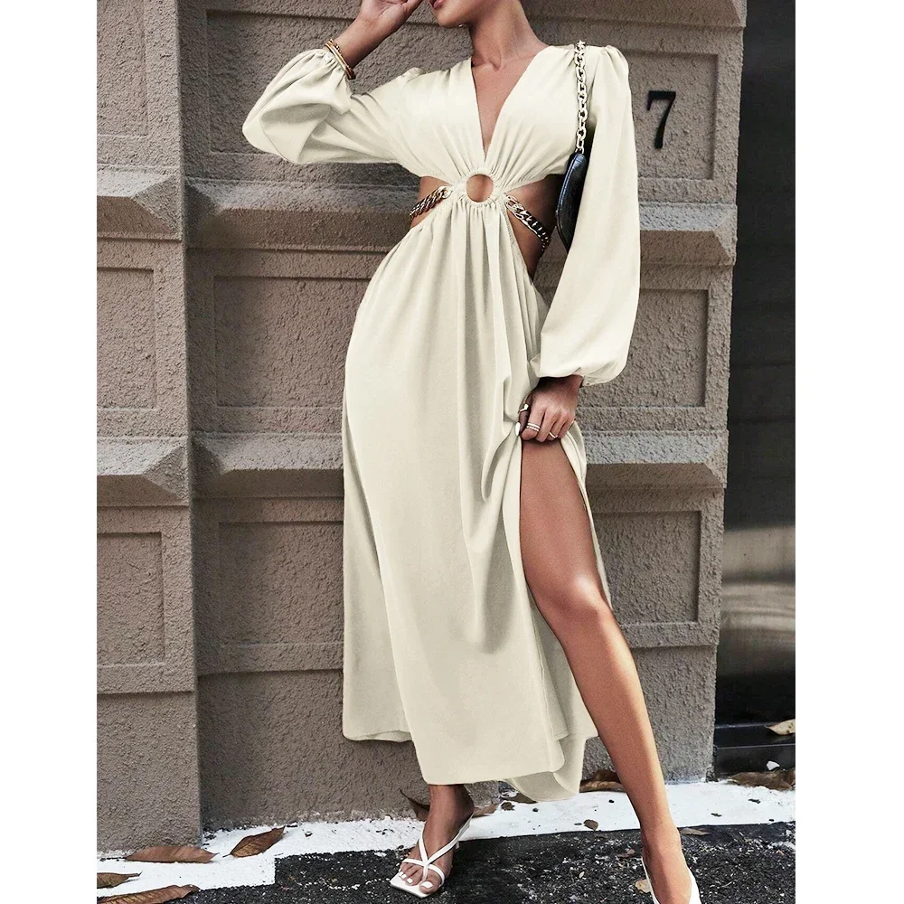 Women's Sexy Solid Color Long Sleeve Deep V-Neck Maxi Party Dress Autumn 2025 Waist Cutout Chain Detail High Slit