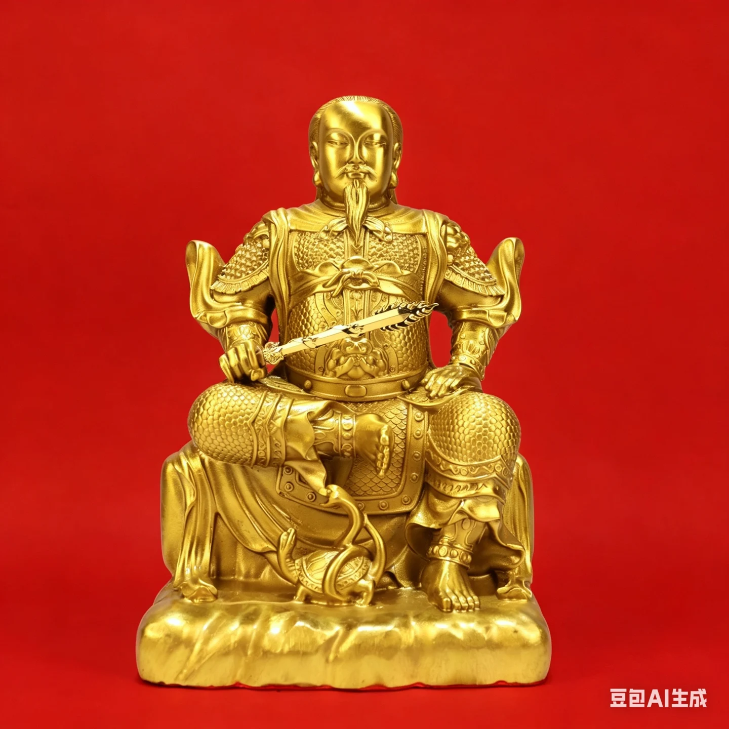 Old Brass Ancestral Master Xuanwu God Emperor Zhenwu sword-holding immortal Sitting statue Study screen Amass wealth Ornaments
