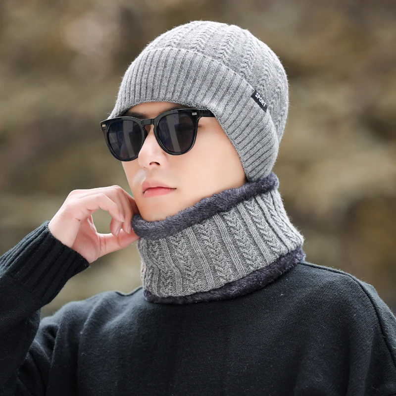 Winter Hats Knit Cap Men And Women Plush Warmth Hat Outdoor Riding Sports Hat Thickening Plus Neck Protect Cap With Warm Gloves