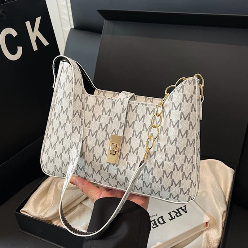 

French Style Letter Print Shoulder Bag,Buckle Compact Chic Women Handbag,Lady Vintage Casual Personalized Underarm Side Bag