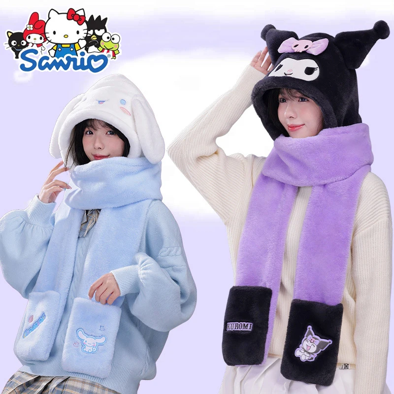 Sanrio Hello Kitty Plush Scarf Hooded Children Winter Warm Gloves Melody Kuromi Cute Y2k Girl Hats Scarves Gloves All in One