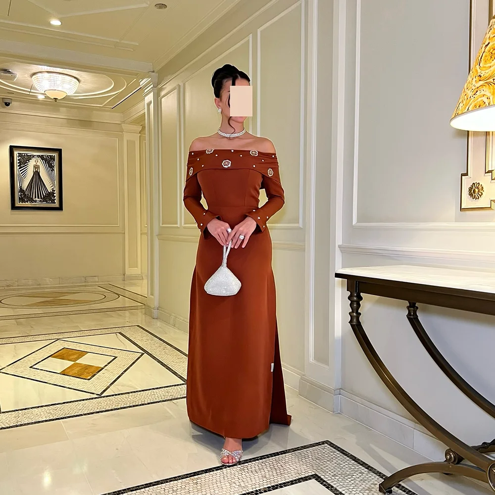 

Dubai Formal Party Dress for Women Boat Neck Long Sleeves Mermaid Ankle Length Crystal Jersey Evening Dresses Customized