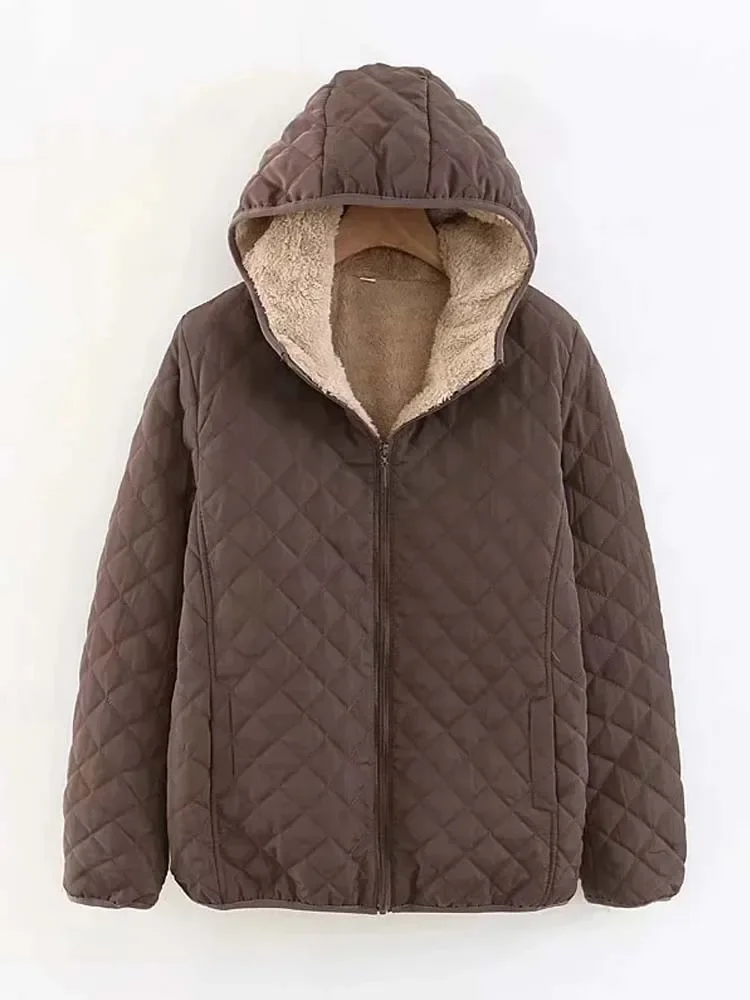 

New Women Cotton Winter Coat Casual Loose Hooded Velvet Padded Jackets Lambs Wool Wadded Parkas Plaid Thickening Overcoat Z496