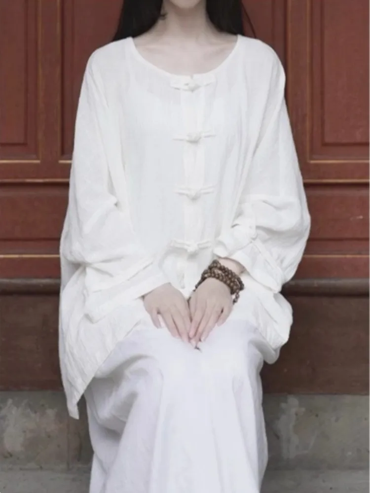 New Chinese Style Tang Suit Top Ancient Wind Tai Chi Healing Fairy Atmosphere Zen Hanfu Cotton Linen Set Women's Clothing