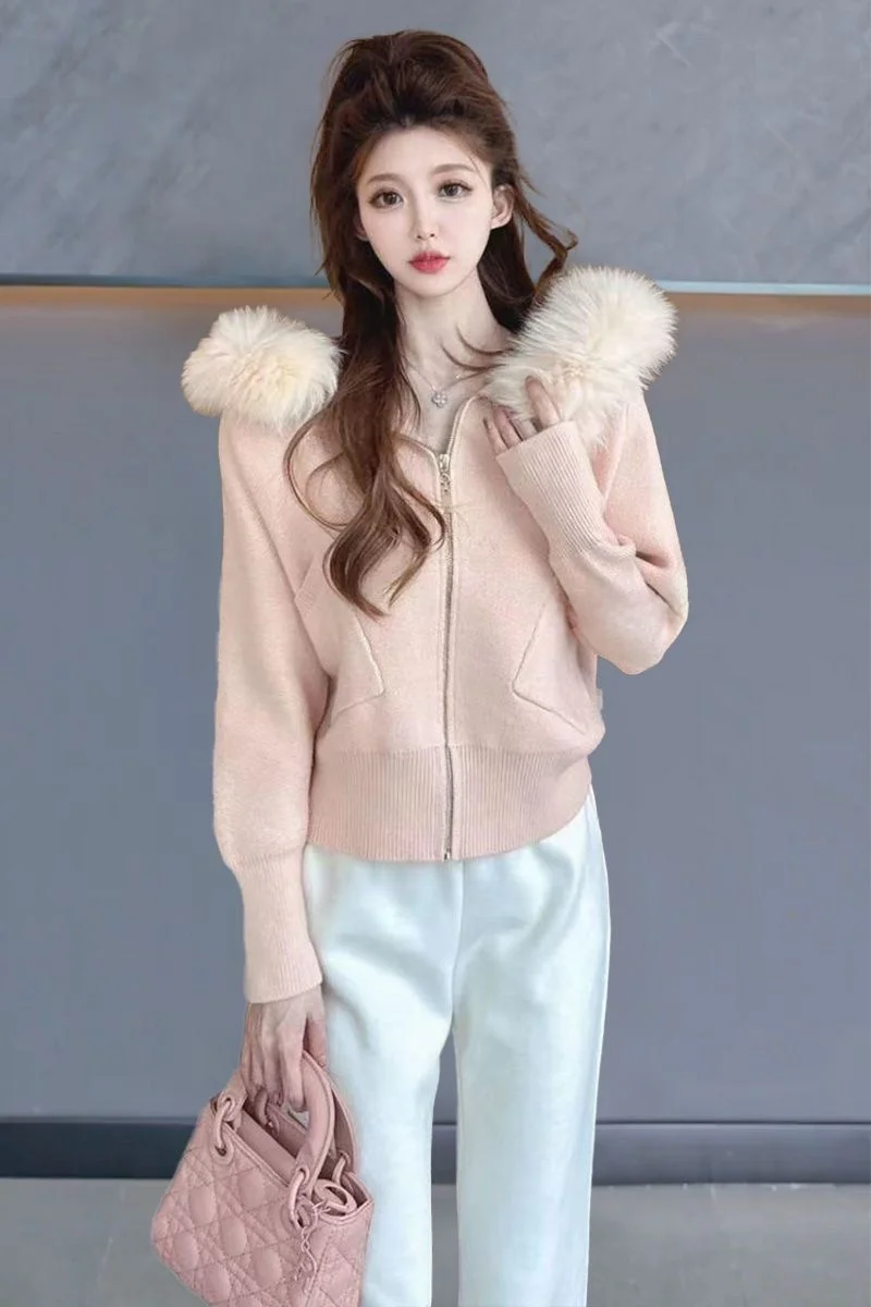 

Ele Women's Knitted Jaet with Fur Collar Thiened Spring Autumn New Faion Slimming Hooded Top Korean Sle ort Coat