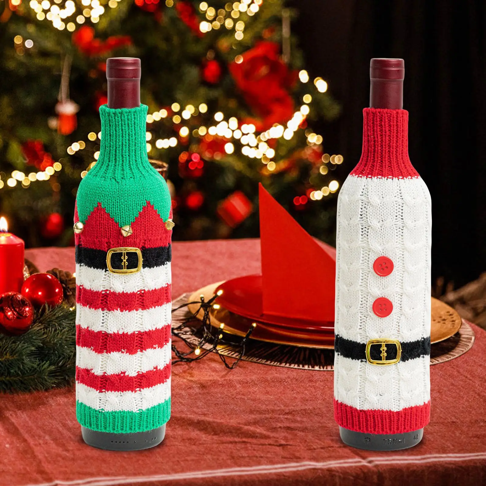 

2pcs/set,Christmas Cloth Knitted Wine Bottle Cover With Bells Belt,For Holiday Scene Layout Christmas Snowflake Table Decoration