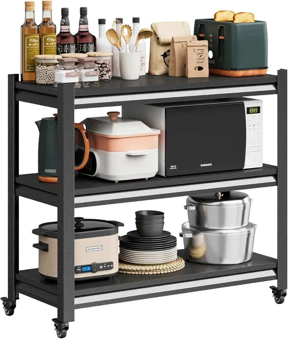 

Storage Shelves, Bakers Rack with Wheels, 3-Tier Metal Shelving Unit with Wheels for Kitchen Garage (18" D x 34" W x 32" H)