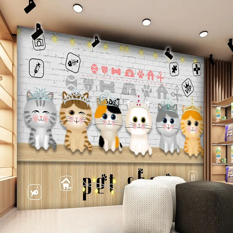 Custom Self-Adhesive Wallpaper 3D Personalized Brick Wall Wood Plank Pet Shop Cat Tooling Background Wall Papel De Parede Tapety