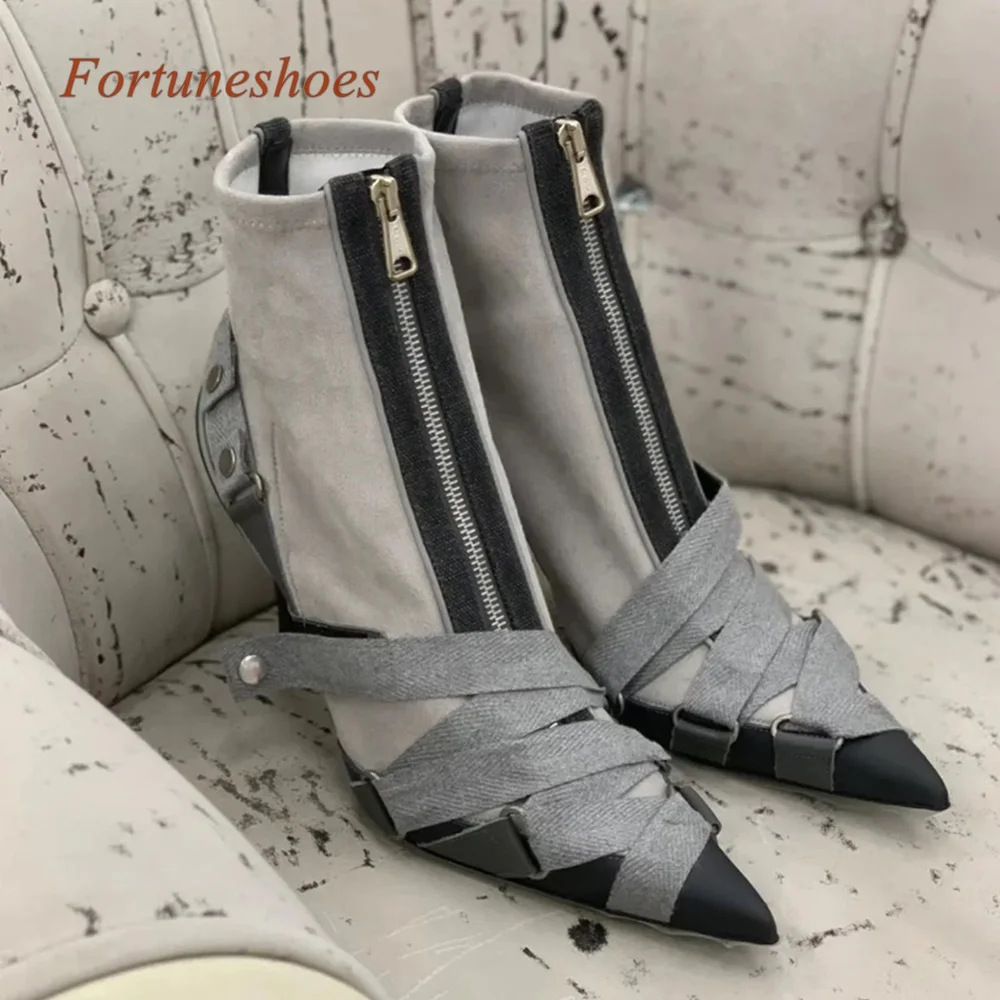 

Cross Tied Mid Calf Pointed Toe Boots Fashion Casual Spring/autumn Newest Women Boots Front Zipper Stiletto Heel Patchwork Boots