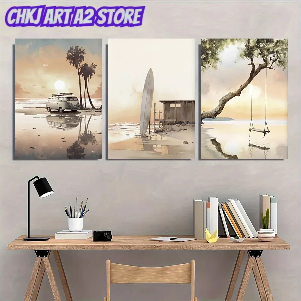3pcs Boho Sun Lounger Abstract Beach Landscape Sea Sunset Paddle Board Canvas Painting Poster Print Home Room Wall Art