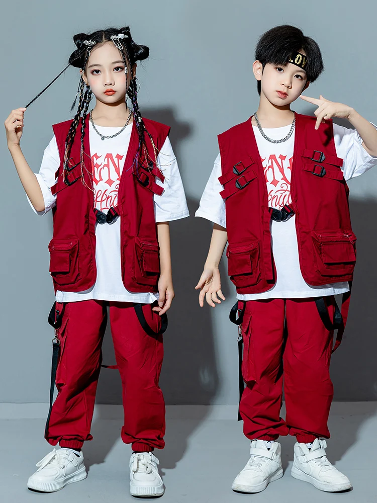 Children Street Dance Hip Hop Clothing For Kids Red Loose Vest Hiphop Pants Suit Girls Boys Jazz Modern Dance Costumes DQS13352