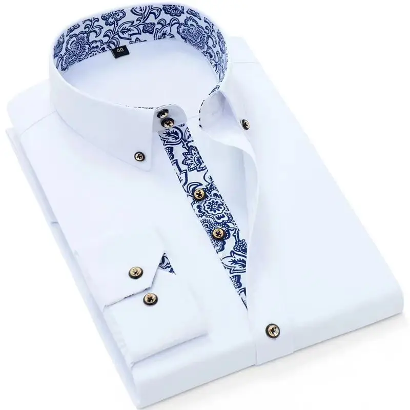 High-end Cotton Men\'s Long-sleeved Shirts - Retro Blue and White Porcelain Collar Style Business Casual Shirt White Black Blue