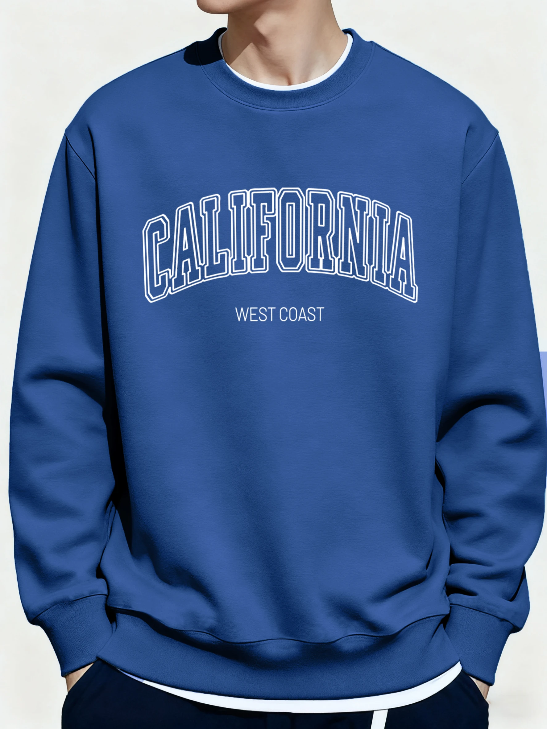 

США, Калифорния, Западное побережье с принтами, зима 2025, мужские толстовки с круглым вырезом, спортивная уличная одежда, удобная базовая толстовка с длинными рукавами