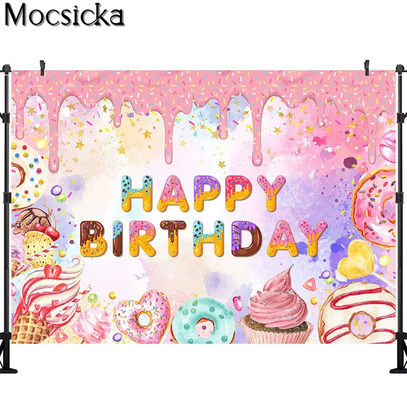 Fondo con temática de Donut para fotografía de chica, cartel de feliz cumpleaños, helado, caramelo, postre, deoraciones, utilería para fotomatón