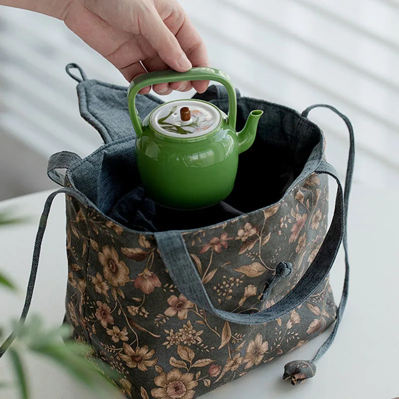 Korean-style Small Floral Linen Tea Cozies Anti-knock Teapot Storage Bag Teaware Hoppocket Big Handbag Portable Travel Bag Gifts