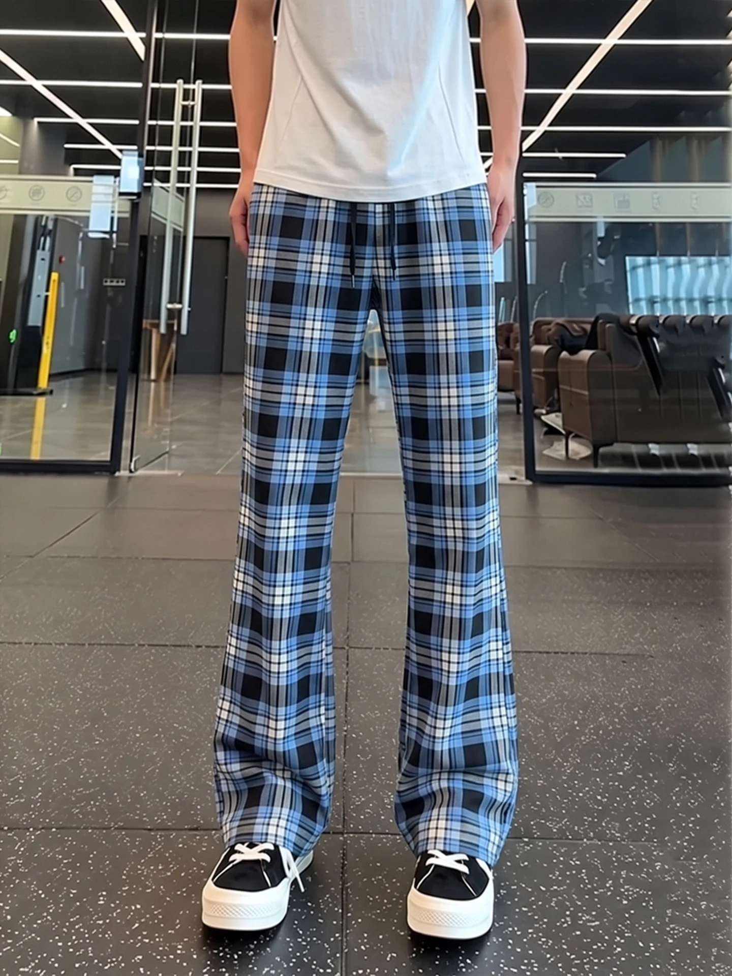American Style Retro Plaid Men's Summer Slim Fit Straight Leg Fitness Sports Pants Casual Breathable mid Waist Trousers