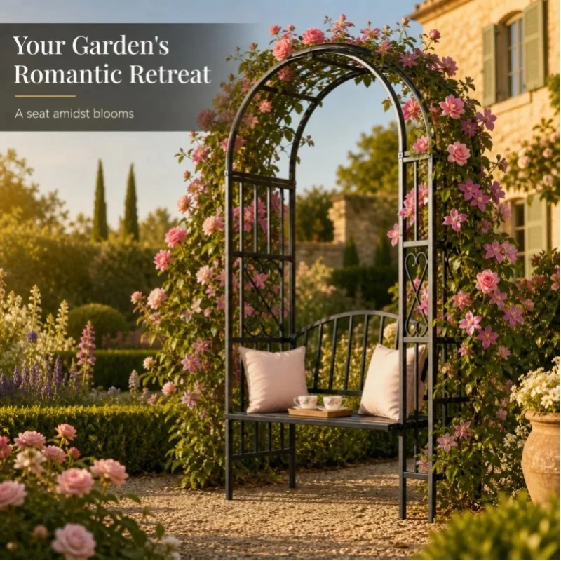 Robuster Freistehender Garten-Rosenbogen mit Bank, Metall-Pergola für Kletterpflanzen, Outdoor-Sitzgelegenheit, Hochzeitsdekoration, Terrasse, Hinterhof