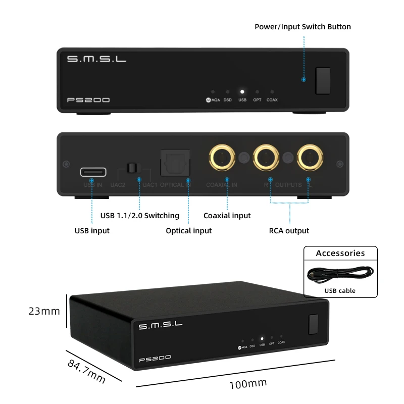 Decodificatore SMSL PS200 PRO Convertitore audio multifunzionale DAC ad alta risoluzione MQA DSD512 Decodificatore doppio ES9039Q2M DAC AMP