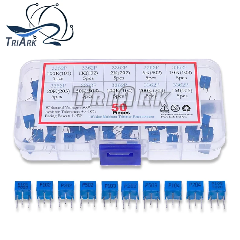 50PCS/Set 3362P Multiturn Trimming Potentiometers Kit 100R-1M 3362 Potentiometer 100 Ohm-1M Ohm 10Values*5PCS