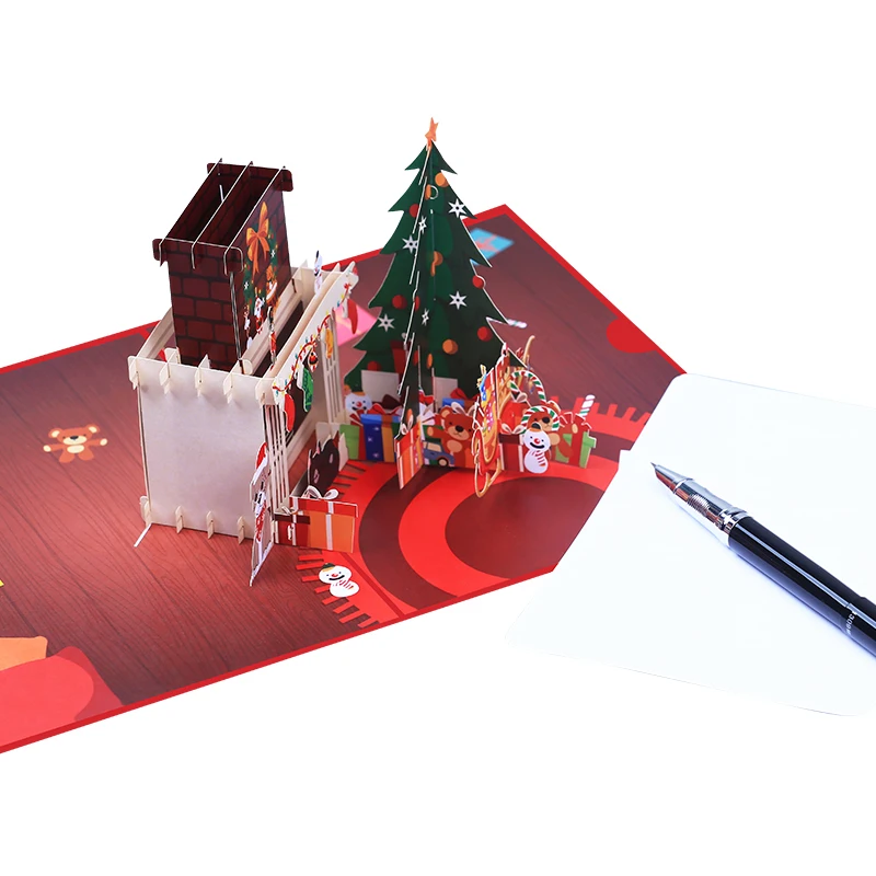 بطاقة تهنئة منبثقة ثلاثية الأبعاد لمدفأة عيد الميلاد مع بطاقة رسالة مغلف، هدية سانتا لعيد الميلاد، فكر فيك، بطاقة شكر