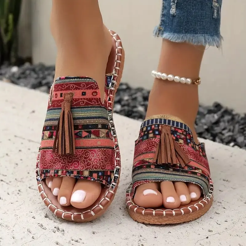 

Bohemian Flat Sandals for Women Outdoor 2025 Summer New Fringe Women Flip Flop 43 Fashion Beach Slippers Flat Women Shoes