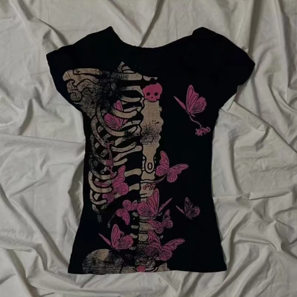 Gothic Skull Print T-Shirt with 90S Punk Street Style Aesthetic Harajuku Y2K Fashion Summer Short Sleeved T-Shirt 2026 New Item
