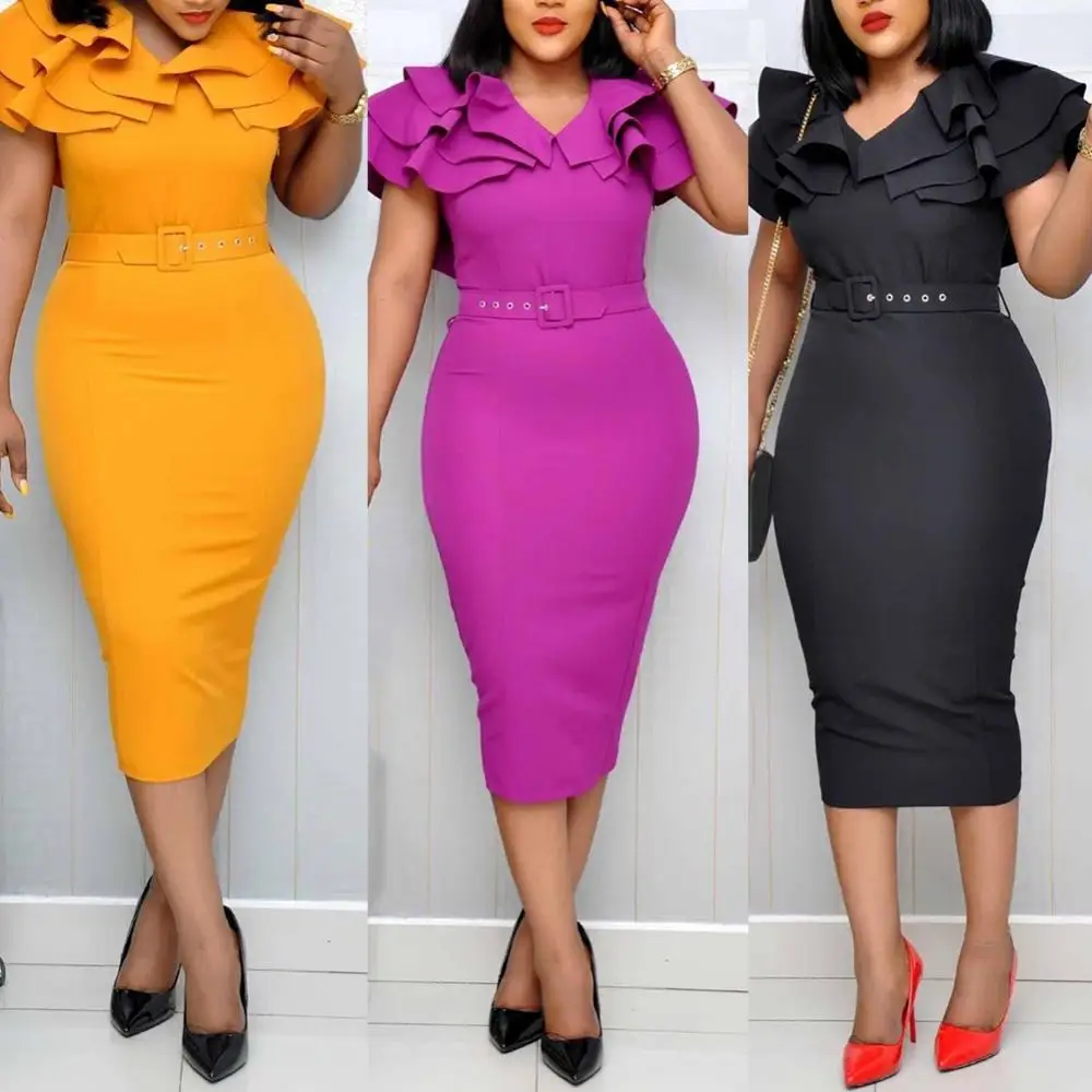 Bodycon Short Midi Dress Solid Color Dress Office Lady V Neck Ruffled Sleeve Belt Midi Dress