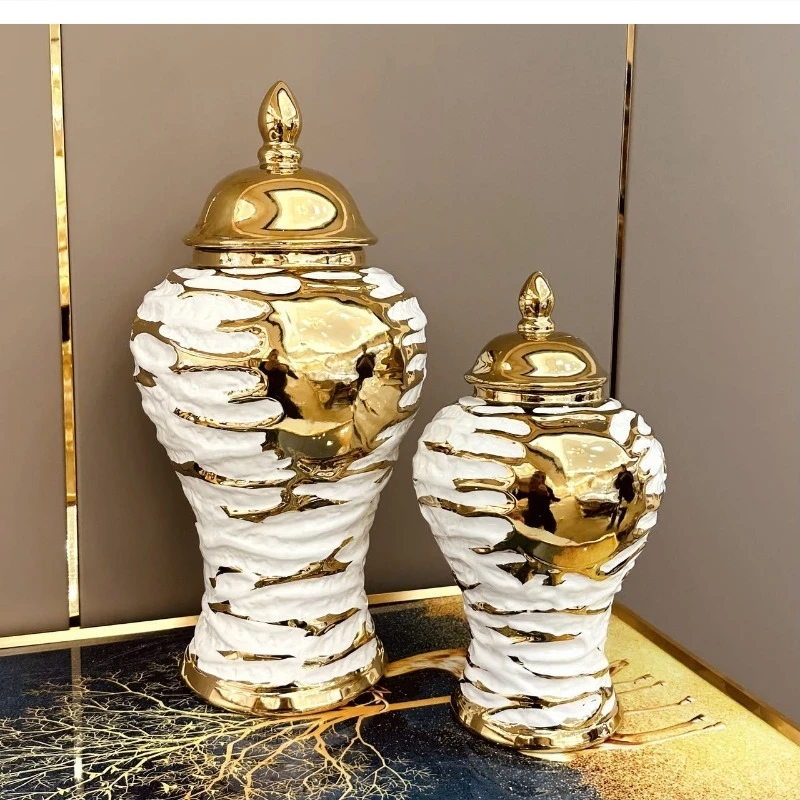 

European light luxury electroplated ceramic vase home decoration storage jar Gold ginger living room vases