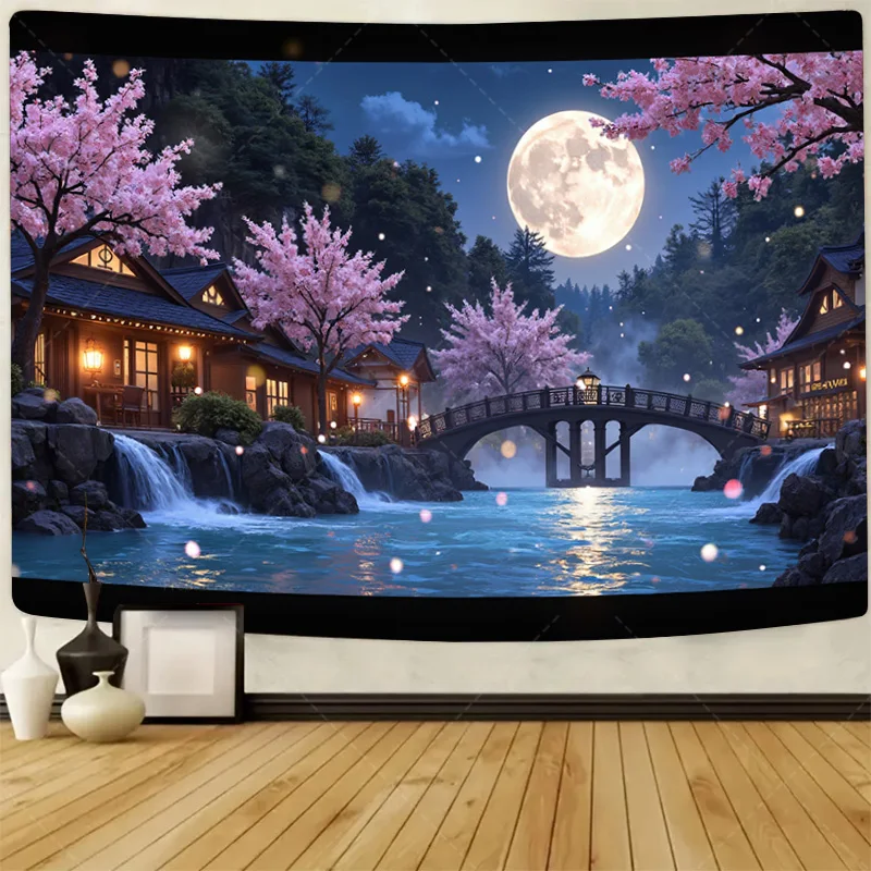 

1pc Wall Tapestry Cherry Blossom Moonlight Bridge Scenic Tapestry - Zen Garden Style Decor