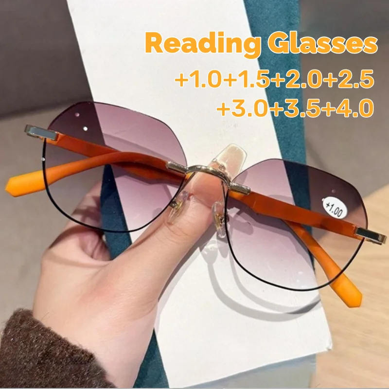 

Retro Round Frame Sun Protection Presbyopia Glasses Fashionable Sports Colour-Block Trendy Metal Rimless HD Reading Glasses