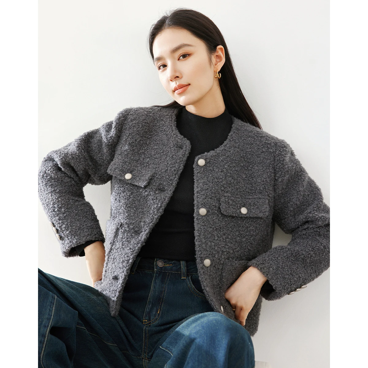 VIMLY موضة سترات دافئة للنساء شتاء 2025 جديد س الرقبة طويلة الأكمام معاطف الصلبة عادية تخفيف القمم الملابس النسائية A0078