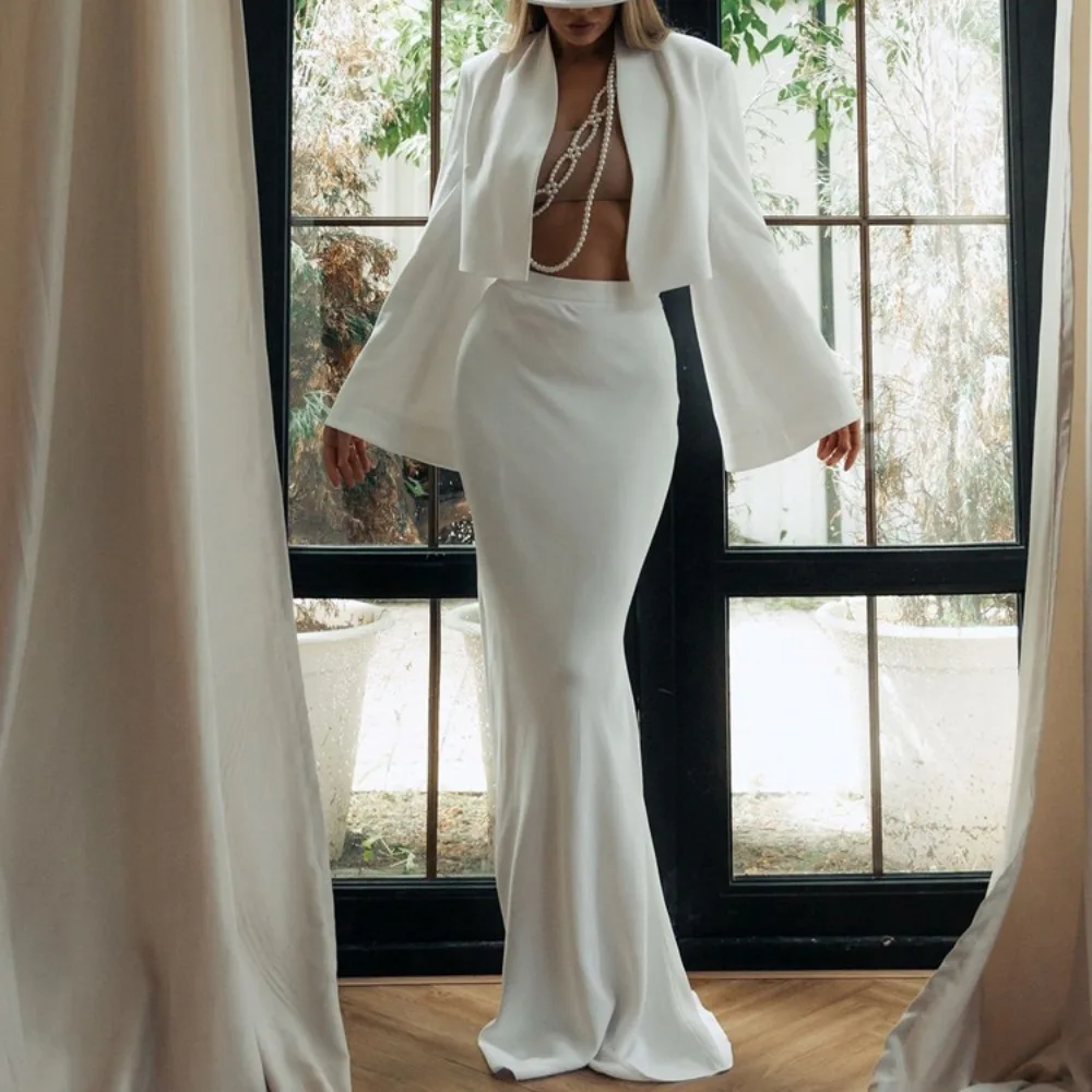 TWOTWINSTYLE Simple Fashionable Two Piece Set for Women V Neck Flare Sleeve Short Top Fishtail Long Skirt Commuting Suit Female