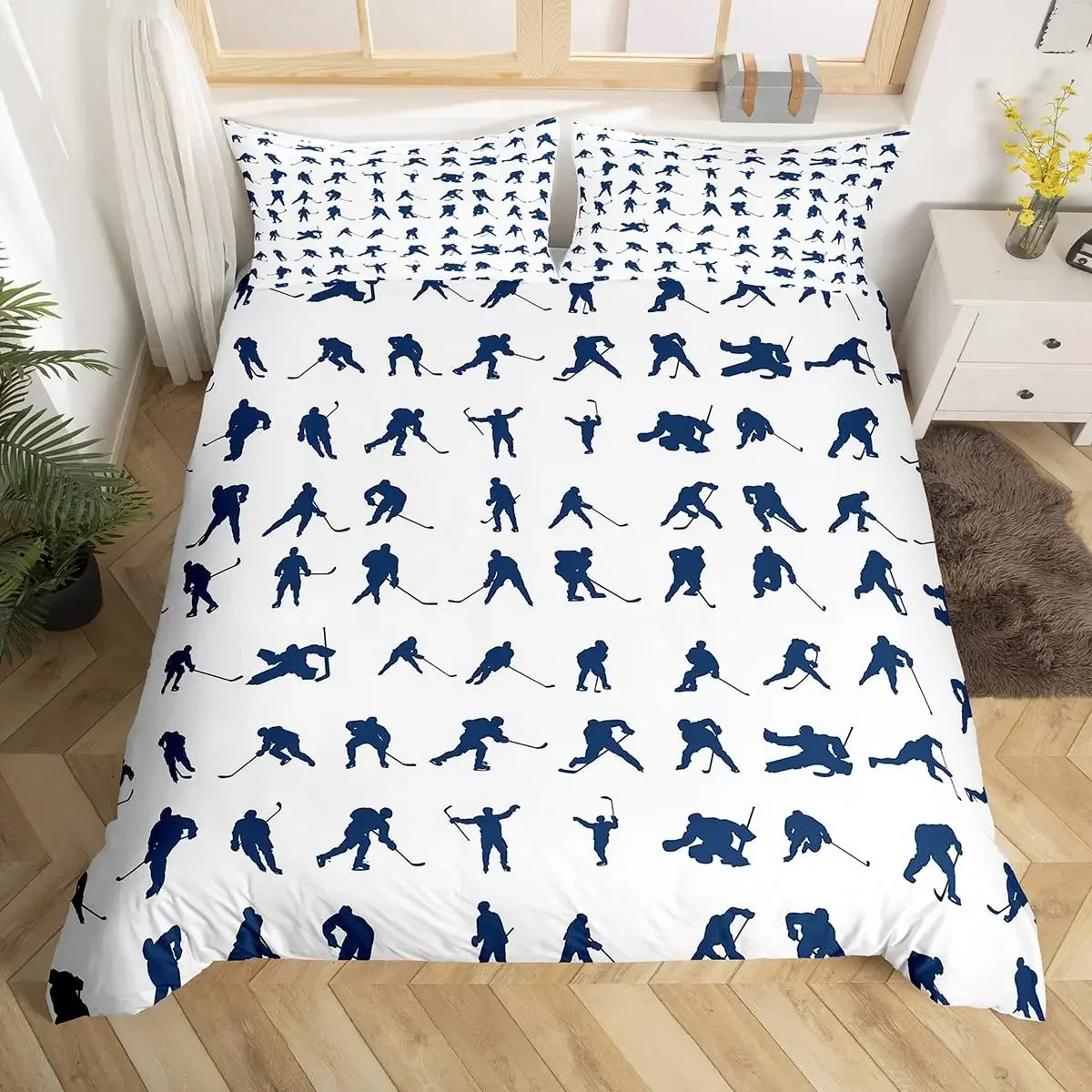 Hockey Player Duvet Cover King Queen Ice Hockey Bedding Set for Boys Winter Game Comforter Cover Teens Sports Event Quilt Cover