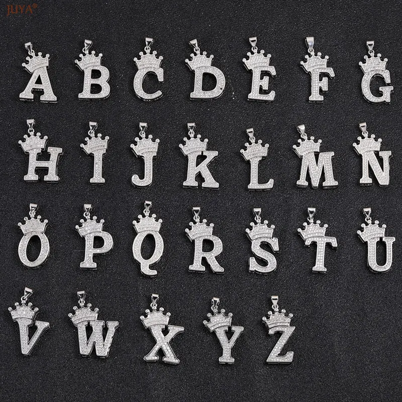 JUYA Classic Zircon Crown Alphabet Charms Good Quality Copper Letter Pendant For Jewelry Making DIY Fashion Necklace Accessories