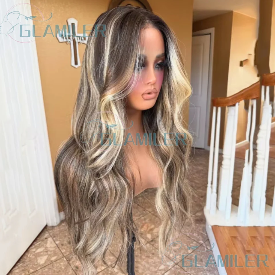 13x4 الدانتيل الجبهة الباروكات تسليط الضوء على أشقر بني فاتح # 613 شعر بشري مموج بدون صمغ باروكات دانتيل كاملة مع عقدة مبيضة