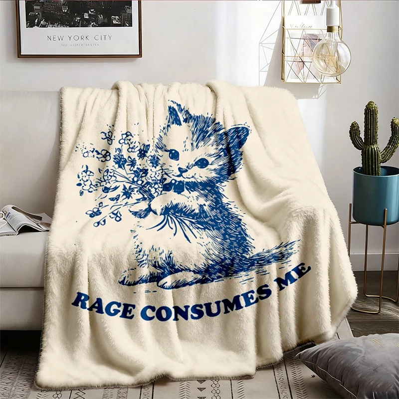 Cat Meme Flannel Blanket, Rage Consumes Me, Vintage Style Flannel Blanket