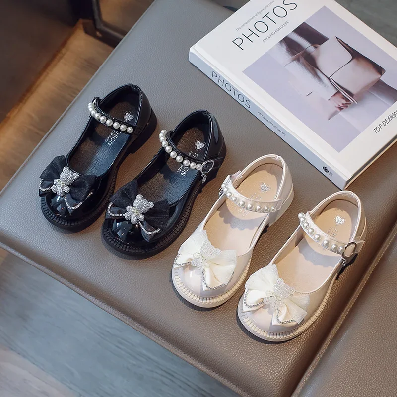 

Детская обувь принцессы на плоской подошве для девочек, черные лоферы Мэри Джейн, кроссовки, детская обувь для вечеринок, модные кожаные туфли с жемчужным бантом, 6-летние