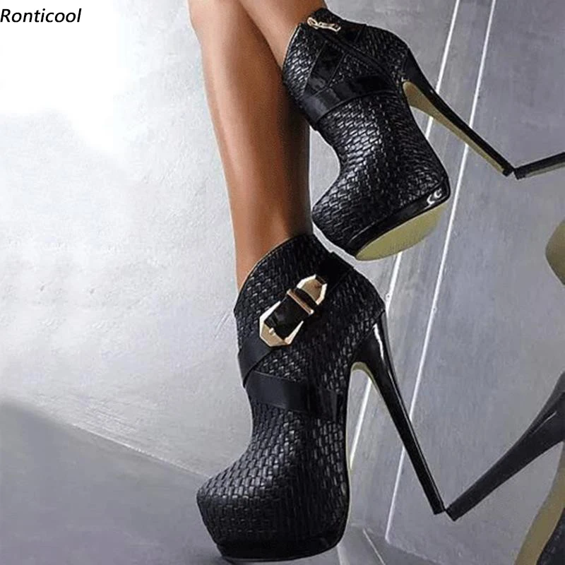 

Ronticool Women Winter Platform Ankle Boots Side Zipper Thin High Heels Round Toe Nice Black Brown Party Shoes Plus US Size 5-13