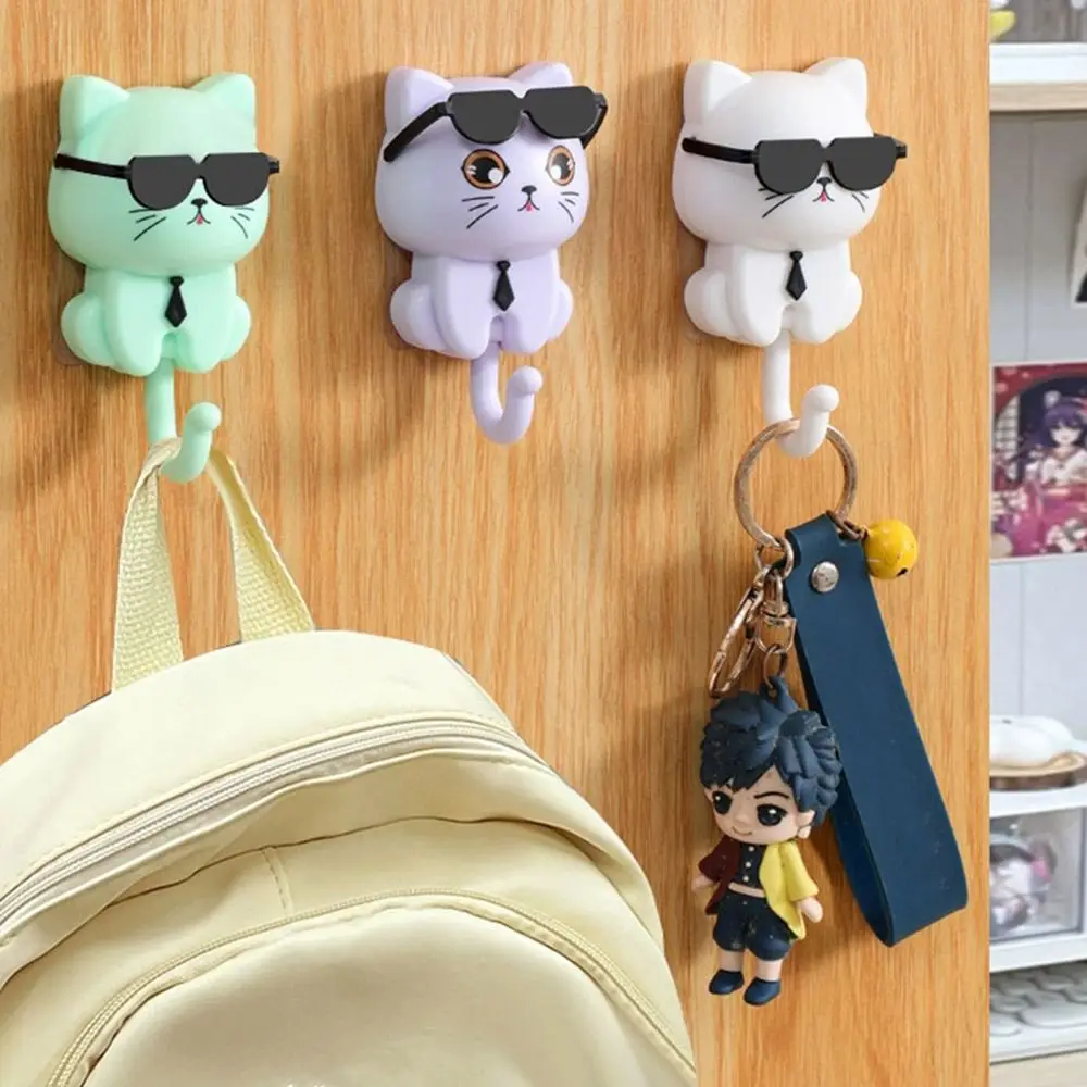 Funny Plastic Cartoon Cat Hooks Decorative Waterproof Sunglasses Cat Hooks Wall Hanging Sticky Hooks Dormitory