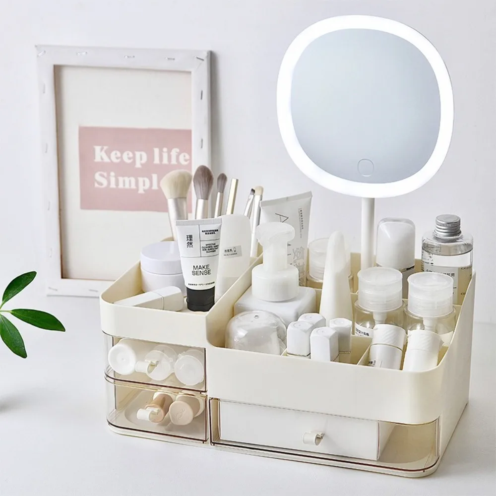 

Multi-functional Drawer Style Cosmetic Storage Box with Mirror Big Capacity Stationery Storage Box Desk Organizer Lipsticks