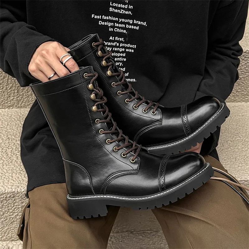 plus size mens fashion stage nightclub high motorcycle boots black stylish platform shoes cowboy natural leather boot long botas