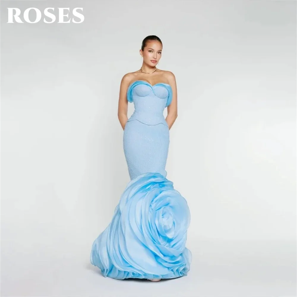 

ROSES Blue Evening Dress Strapless Sleeveless Prom Dress Mermaid Party Dress with Big Flowers Gala Dress for Women Customized